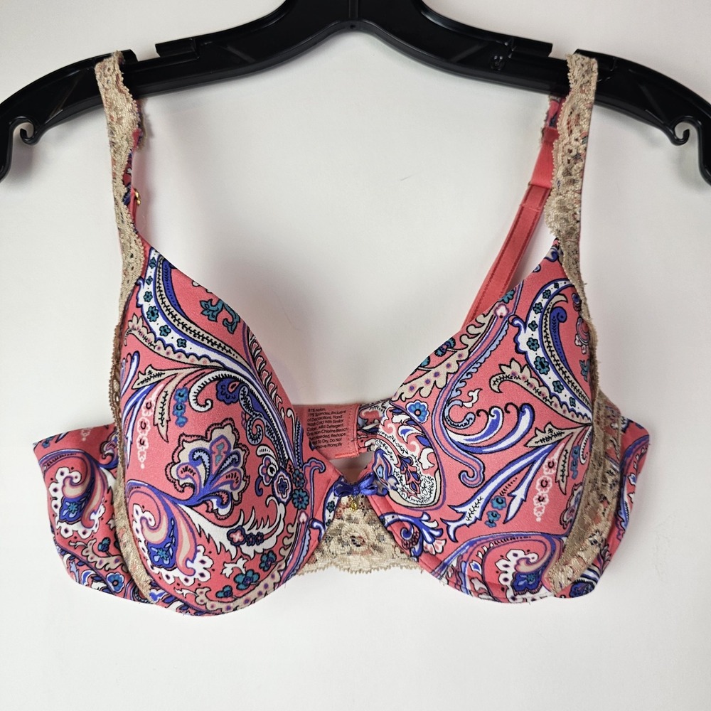 Soma 34C Embraceable Demi Bra Lace Trim Pink Purple Paisley Underwire Comfort